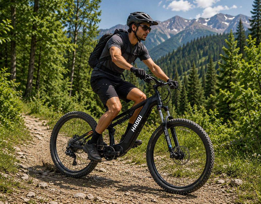 Cyclist riding a HAOQI Mustang electric mountain bike smoothly uphill on a sunny summer day to avoid sweat and heat exhaustion
