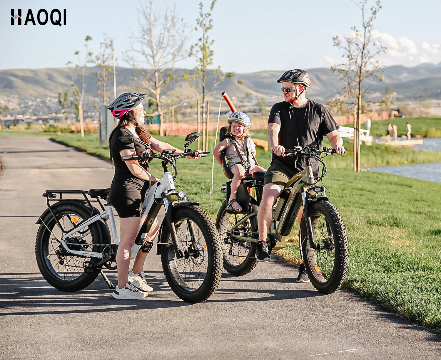 A cheerful family—mother, father, and child—enjoying a sunny E-bike ride on a scenic path, illustrating safe cycling and proper E-bike maintenance discussed in the guide.